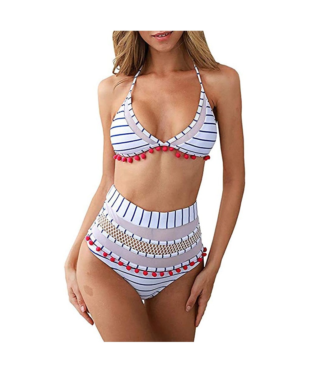 Women's Striped High Waist Two Pieces Bikini Set Tassel Swimsuit - Blue - CR18SHUAC32 $17.69-Sets