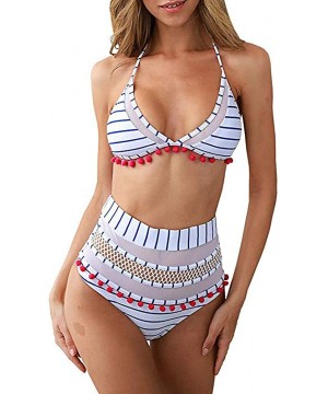 Women's Striped High Waist Two Pieces Bikini Set Tassel Swimsuit - Blue - CR18SHUAC32 $17.69-Sets