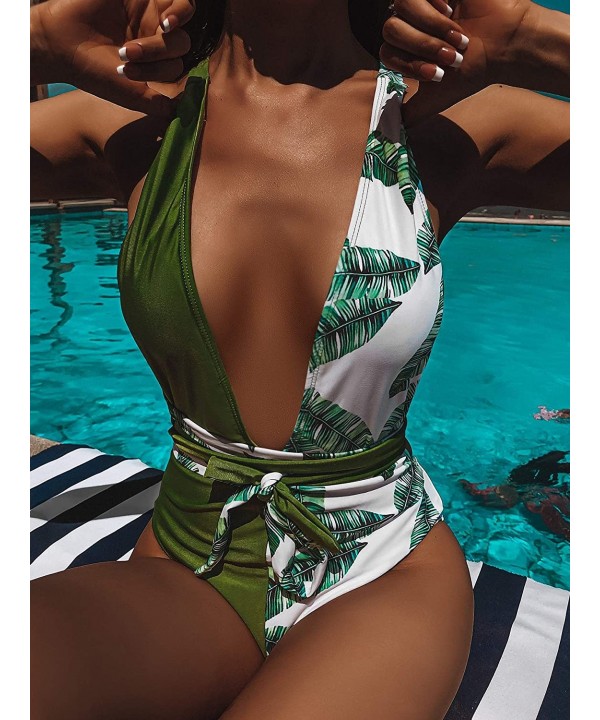 Women's Sexy Bathing Suits Criss Cross Tie Knot Front Deep V Open Back Leopard One Piece Swimwear - Green - C219GXAG3SD $22.3...