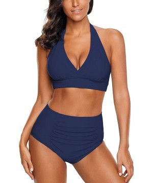 Women's Halter Self Tie Ruched High Waist Two Pieces Bikini Set Swimsuits - V Navy Blue - CS193LSRIZL $29.84-Sets