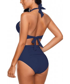 Women's Halter Self Tie Ruched High Waist Two Pieces Bikini Set Swimsuits - V Navy Blue - CS193LSRIZL $29.84-Sets