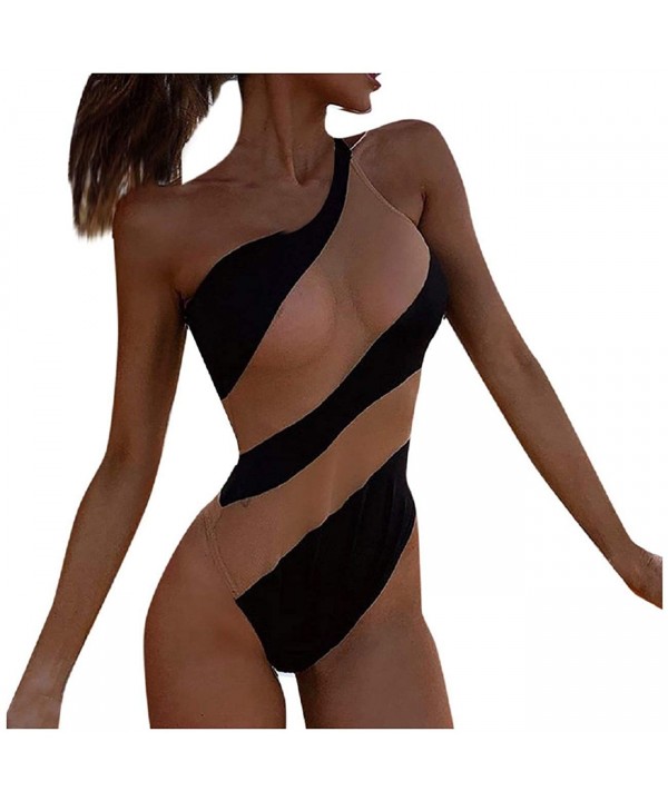 Women Cheeky Colorblock Patchwork One Piece Stripe Bikini One Shoulder Plus Size Swimwear Swimsuit Beachwear Black - CZ196IX3...