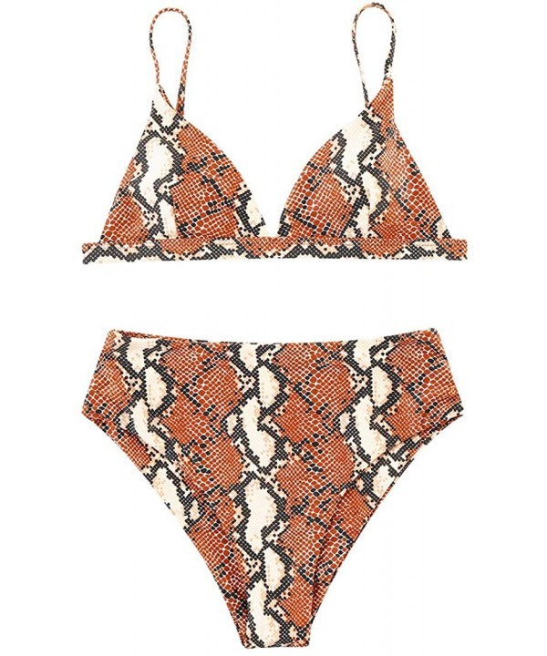 Women Cheeky Bikini Solid Padded Brazilian Top High Cut Bottom 2 Piece Swimsuits - 091-brown Snake Print - C418QKHMH7M $20.07...