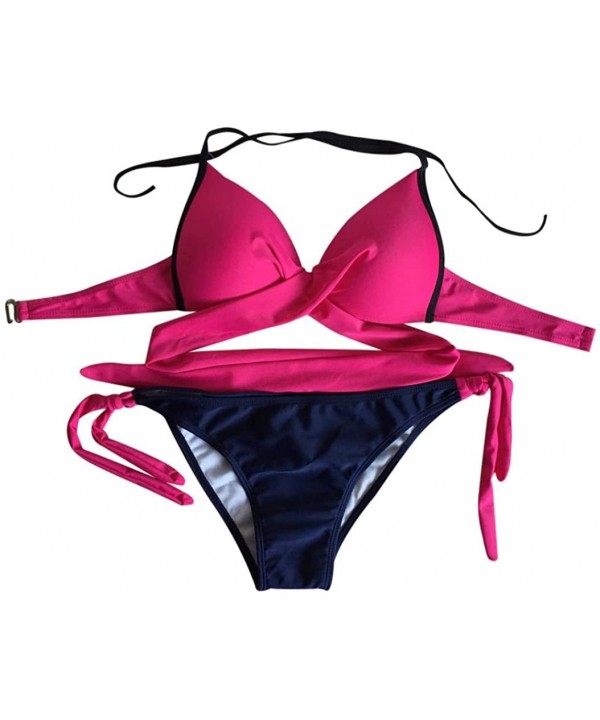 Womens Sexy Push Up Two Piece Bikini Swimsuits Bandeau Bathing Suits Hot Pink - CD18EHYIQTA $13.82-Sets