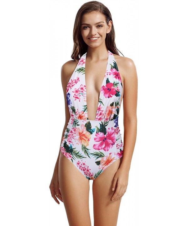 Women's Deep Plunge High Waisted One Piece Swimsuit Bathing Suit - Floral - CY1862654ZK $20.11-One-Pieces