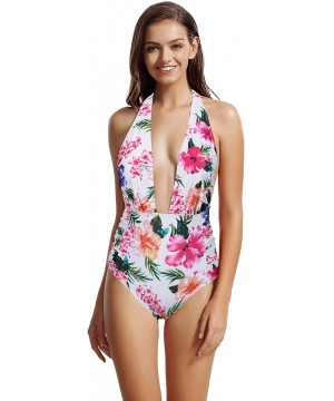 Women's Deep Plunge High Waisted One Piece Swimsuit Bathing Suit - Floral - CY1862654ZK $20.11-One-Pieces