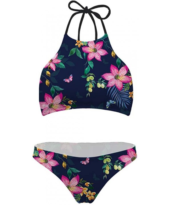 Fashion Printing High Neck Halter Bikini Swimsuit for Women Girls Mesh Lining Quick Dry - Tropical Flower 1 - CL1968HOZN0 $25...