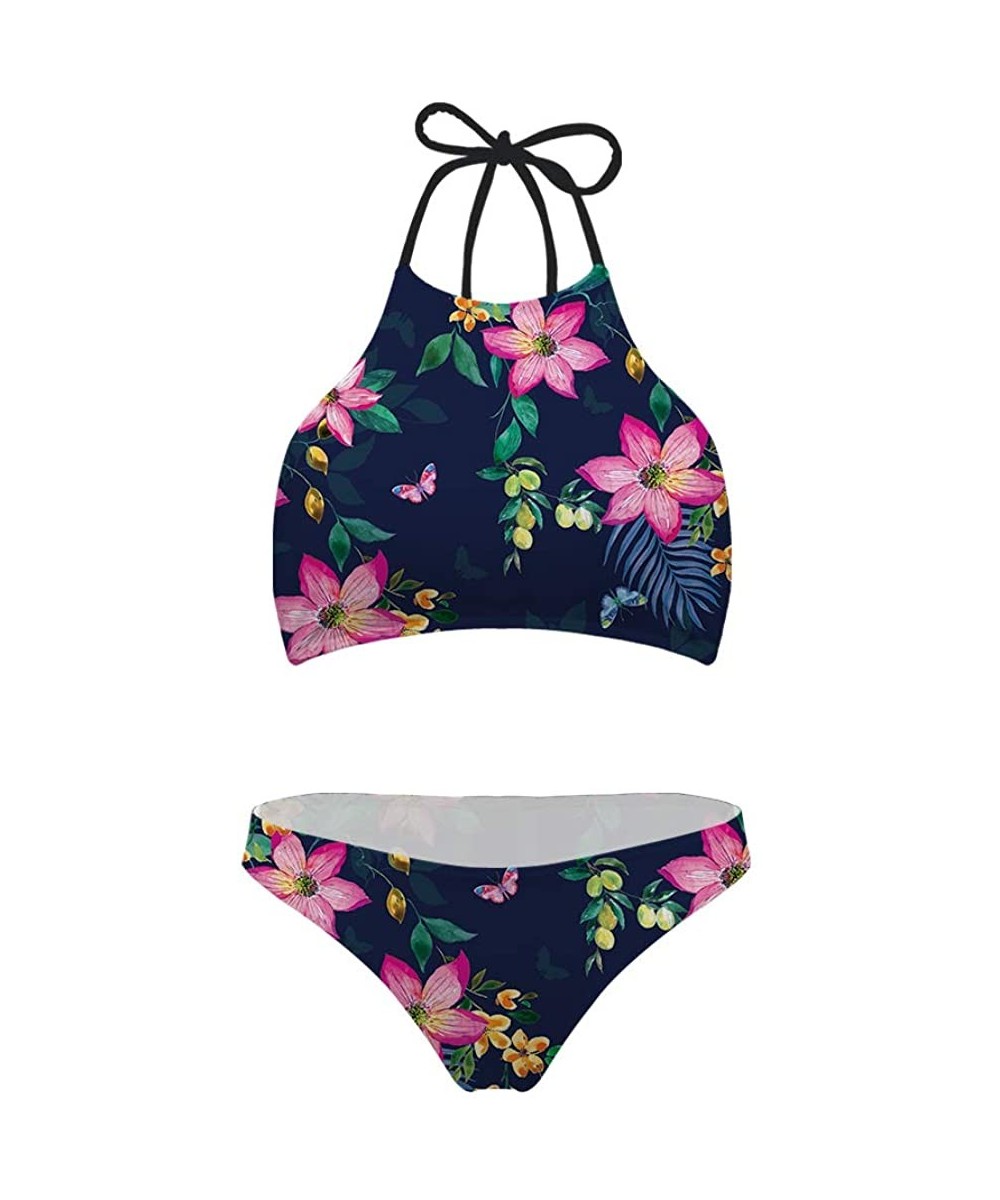 Fashion Printing High Neck Halter Bikini Swimsuit for Women Girls Mesh Lining Quick Dry - Tropical Flower 1 - CL1968HOZN0 $25...