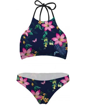 Fashion Printing High Neck Halter Bikini Swimsuit for Women Girls Mesh Lining Quick Dry - Tropical Flower 1 - CL1968HOZN0 $25...