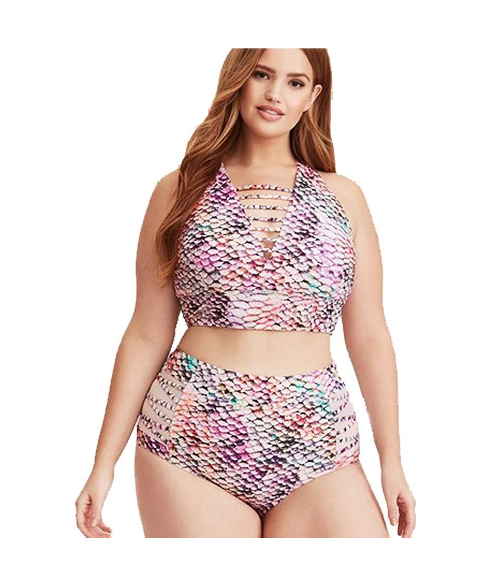 Women's Plus Size Two-Piece Swimsuit- Fish Scale Print Bikini for Women - CI18RT9UL3Y $18.81-Sets