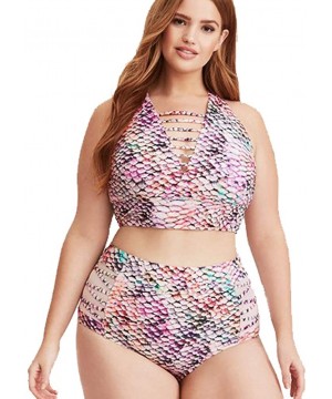 Women's Plus Size Two-Piece Swimsuit- Fish Scale Print Bikini for Women - CI18RT9UL3Y $18.81-Sets