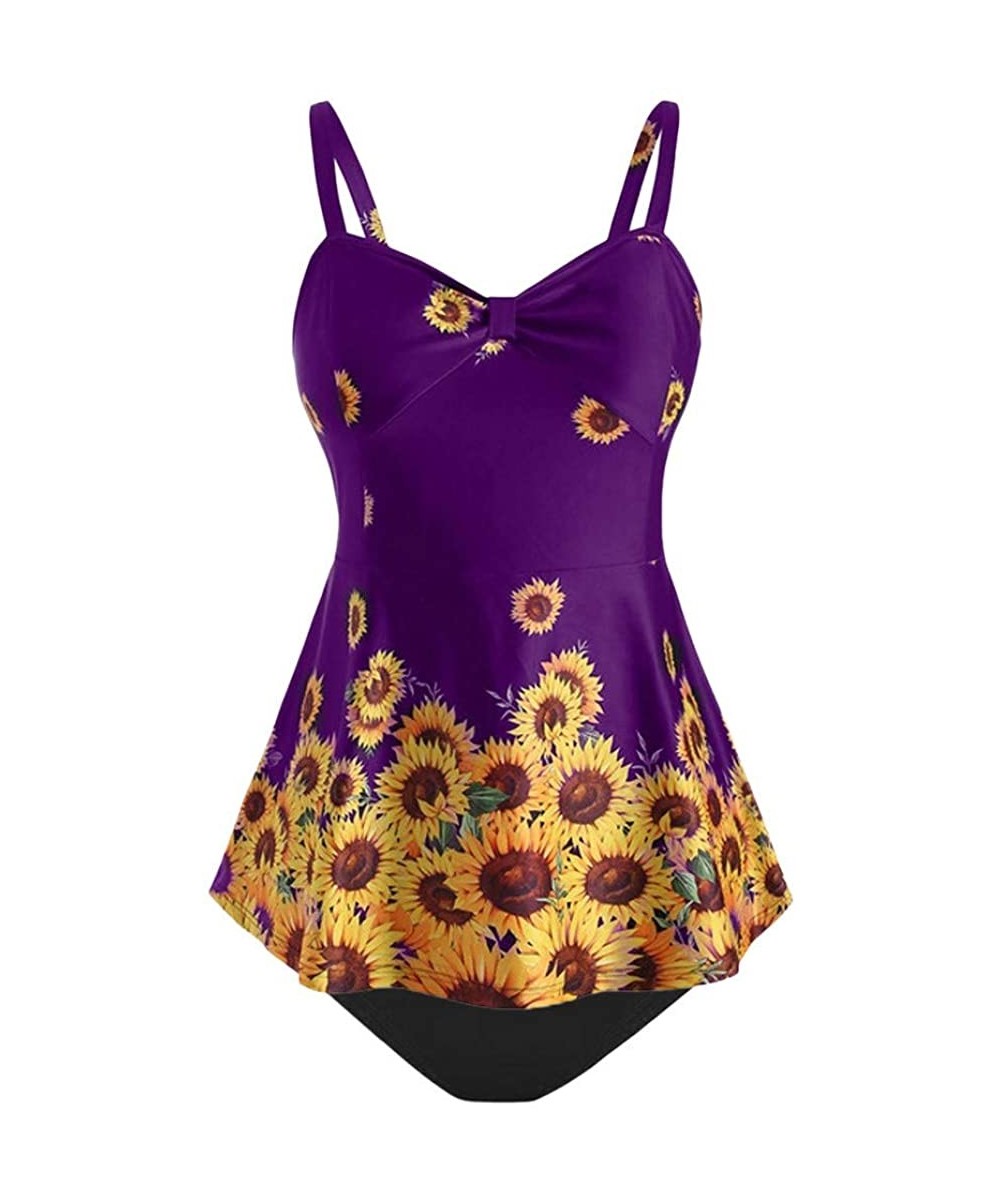 Women Plus Size Ladies Sunflower Printed Slimming Wave-Edged Split Swimming Top - B Purple - CW18SX5MHLM $22.13-Sets