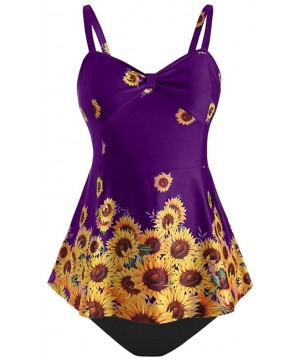 Women Plus Size Ladies Sunflower Printed Slimming Wave-Edged Split Swimming Top - B Purple - CW18SX5MHLM $22.13-Sets