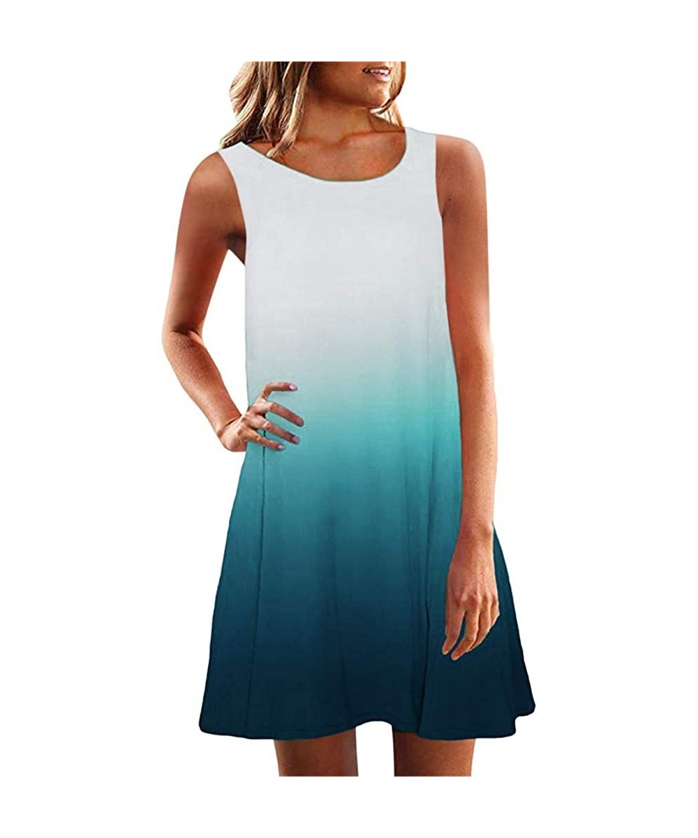 Women Boho Dress-Womens Tunic Dress Sleeveless Crew Neck Casual Summer Loose Fitting Gradient Dresses - Blue - C418UU4KGL3 $1...