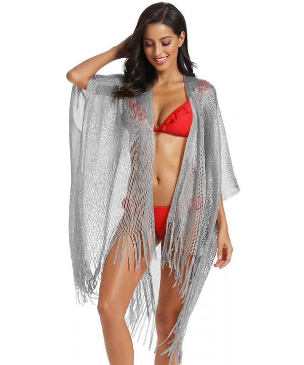 Metallic Sparkly Kimono Cardigan Swimsuit Beach Bikini Cover Ups Open Front Casual Blouse Tops - B. Silver - CP18X4TZIH2 $20....