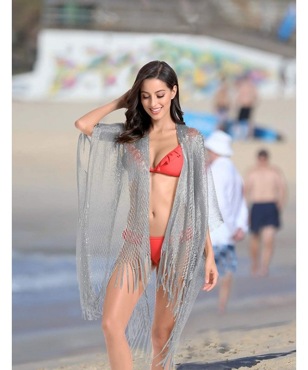 Metallic Sparkly Kimono Cardigan Swimsuit Beach Bikini Cover Ups Open Front Casual Blouse Tops - B. Silver - CP18X4TZIH2 $20....