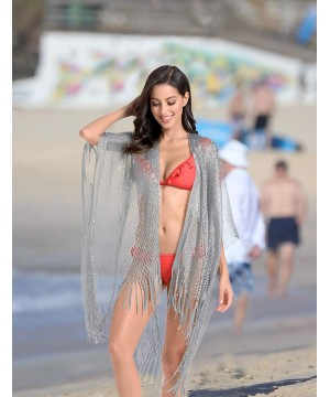 Metallic Sparkly Kimono Cardigan Swimsuit Beach Bikini Cover Ups Open Front Casual Blouse Tops - B. Silver - CP18X4TZIH2 $20....