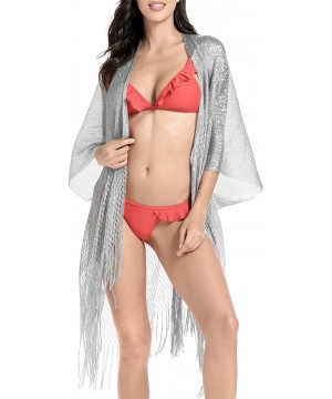 Metallic Sparkly Kimono Cardigan Swimsuit Beach Bikini Cover Ups Open Front Casual Blouse Tops - B. Silver - CP18X4TZIH2 $20....