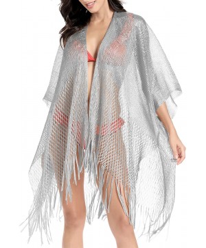 Metallic Sparkly Kimono Cardigan Swimsuit Beach Bikini Cover Ups Open Front Casual Blouse Tops - B. Silver - CP18X4TZIH2 $20....