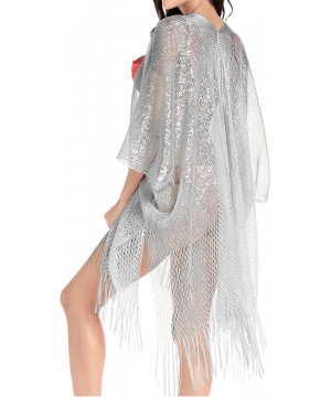 Metallic Sparkly Kimono Cardigan Swimsuit Beach Bikini Cover Ups Open Front Casual Blouse Tops - B. Silver - CP18X4TZIH2 $20....