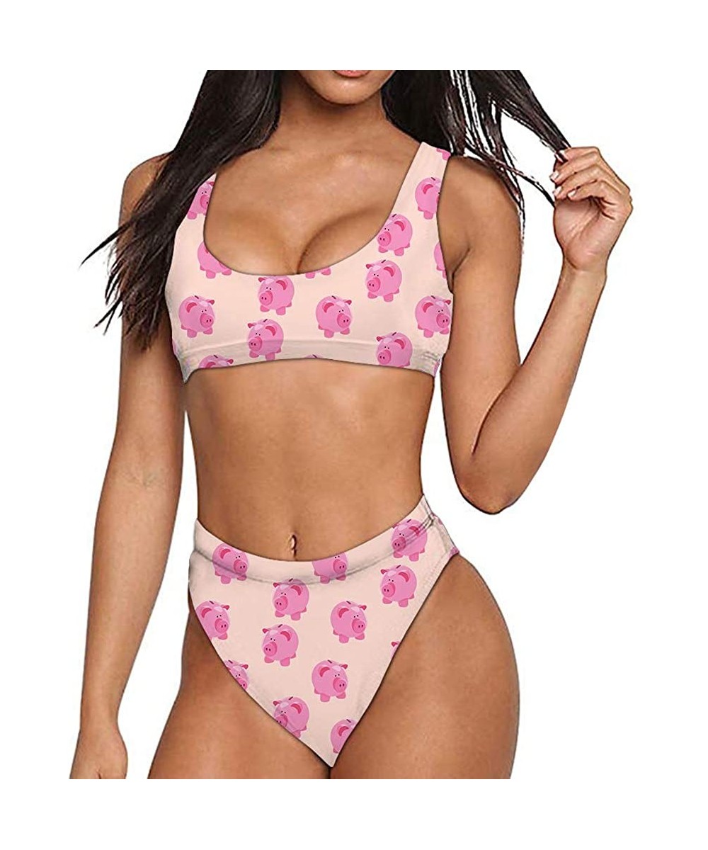 Stylish Allover Print Women Cheeky Bikini Scoop Neck Sporty Top High Cut Bottom Bathing Suits - Pig 1 - C818R6S0MHA $27.55-Sets