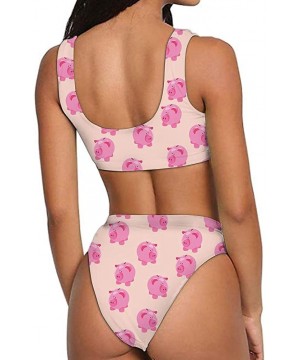 Stylish Allover Print Women Cheeky Bikini Scoop Neck Sporty Top High Cut Bottom Bathing Suits - Pig 1 - C818R6S0MHA $27.55-Sets