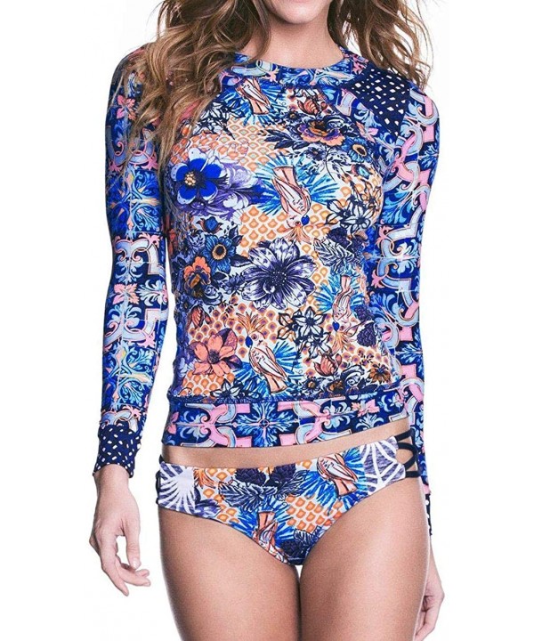 Women's Flower Print UV Sun Protective Long Sleeve 2 Piece Swimsuit Rashguard Blue - CV18TKTSIES $32.60-Rash Guards