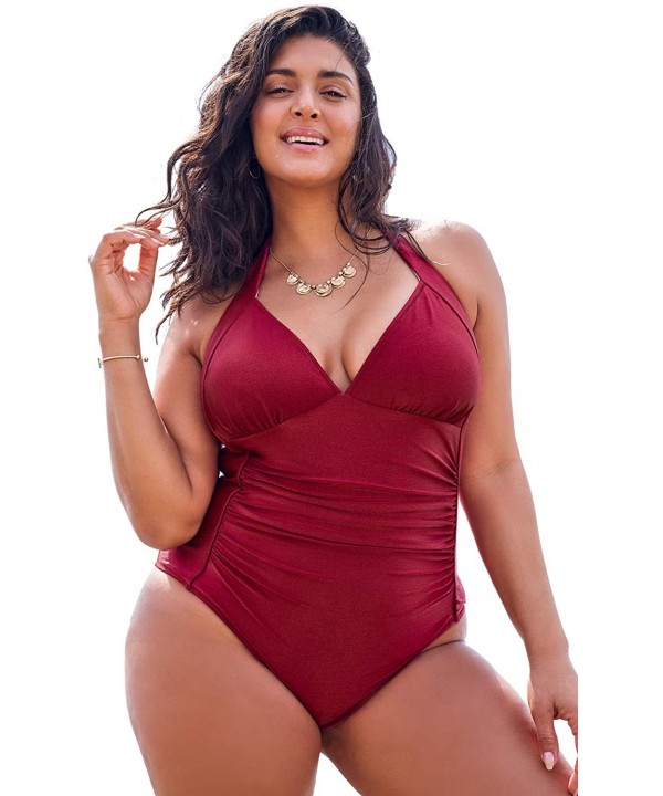 Women's Red Shimmer Halter Plus Size One Piece Swimsuit - C7196UC76ZS $27.26-One-Pieces