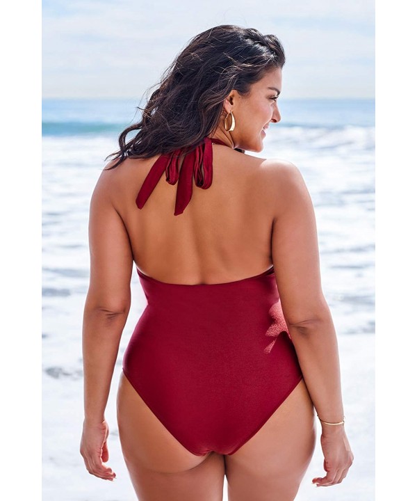 Women's Red Shimmer Halter Plus Size One Piece Swimsuit - C7196UC76ZS $27.26-One-Pieces