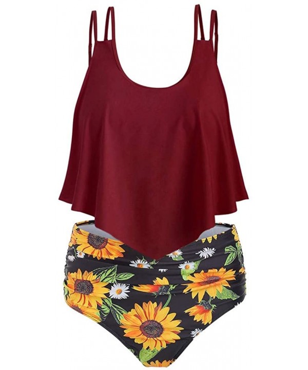 Women Two Piece Set Plus Size Bathing Suit Sunflower Print Ruffled Racerback High Waisted Tankin - Wine - C8197KZWLM0 $21.80-...