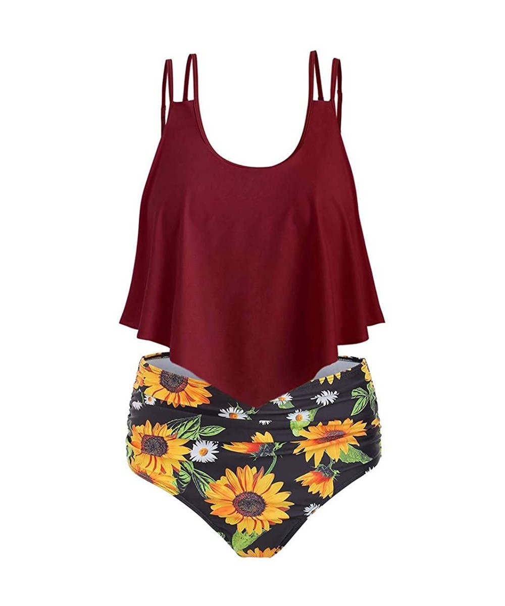 Women Two Piece Set Plus Size Bathing Suit Sunflower Print Ruffled Racerback High Waisted Tankin - Wine - C8197KZWLM0 $21.80-...