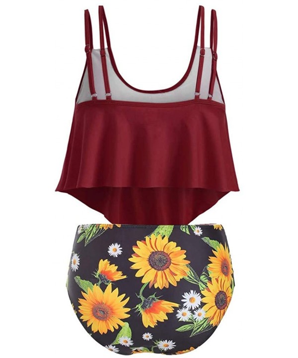 Women Two Piece Set Plus Size Bathing Suit Sunflower Print Ruffled Racerback High Waisted Tankin - Wine - C8197KZWLM0 $21.80-...