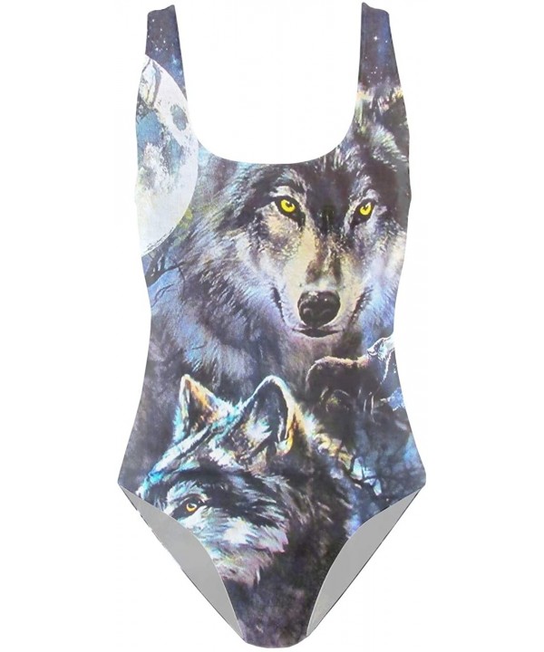 Women's Moon Wolf Print Muscleback One Piece Fitness Swimsuit - C518QA633GD $16.28-One-Pieces