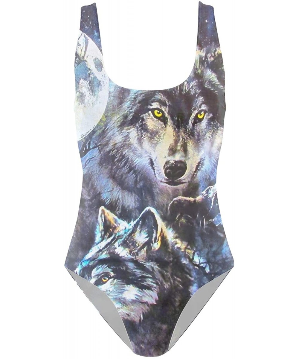 Women's Moon Wolf Print Muscleback One Piece Fitness Swimsuit - C518QA633GD $16.28-One-Pieces