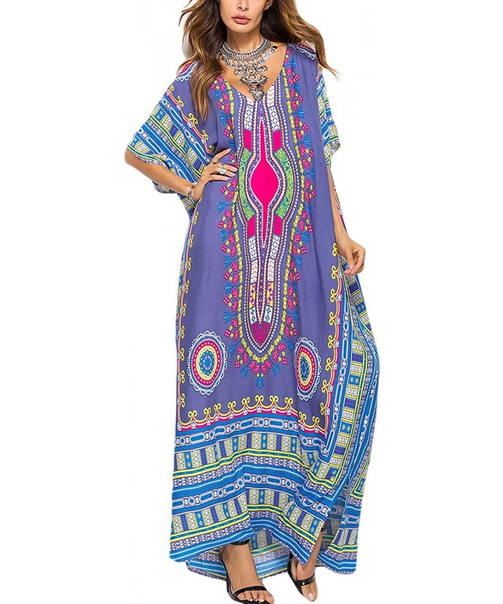 Women Bathing Suit Cover Up Ethnic Print Kaftan Beach Maxi Dresses - Purple - CN18KNZANE4 $30.77-Cover-Ups