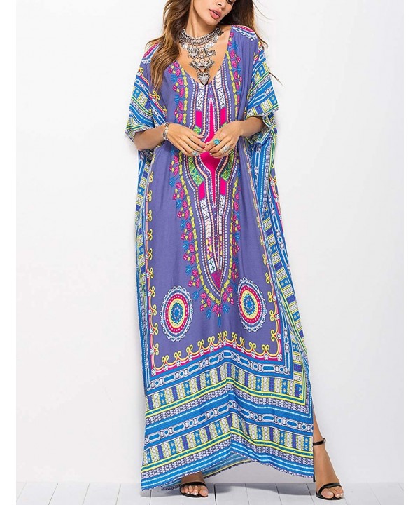 Women Bathing Suit Cover Up Ethnic Print Kaftan Beach Maxi Dresses - Purple - CN18KNZANE4 $30.77-Cover-Ups