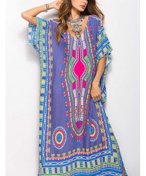 Women Bathing Suit Cover Up Ethnic Print Kaftan Beach Maxi Dresses - Purple - CN18KNZANE4 $30.77-Cover-Ups