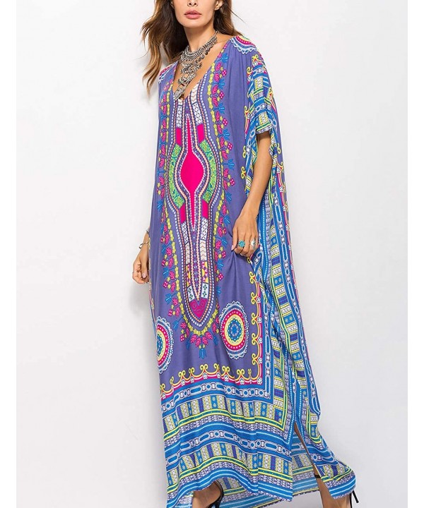 Women Bathing Suit Cover Up Ethnic Print Kaftan Beach Maxi Dresses - Purple - CN18KNZANE4 $30.77-Cover-Ups