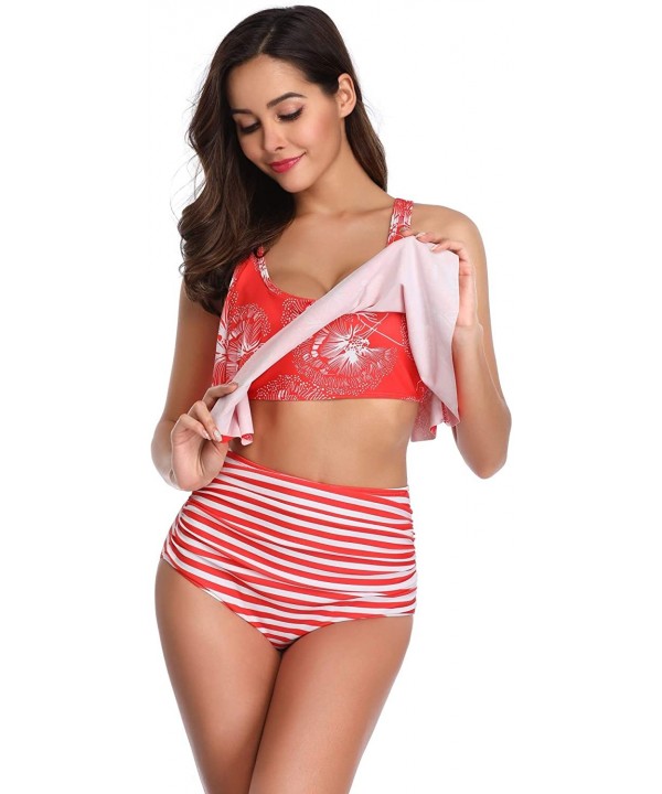 Women Two Pieces Bathing Suits Ruffled Racerback High Waisted Bikini Set - Red Stripe - CN18T8WELA7 $23.10-Sets