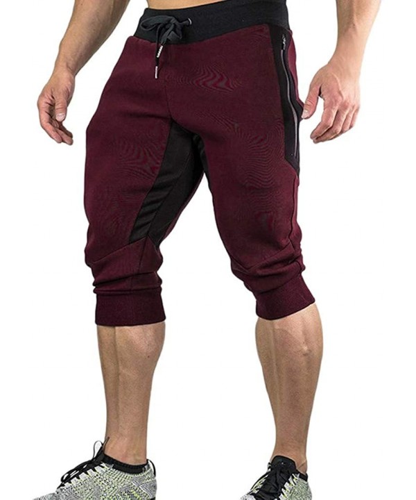 Mens Casual Summer Shorts Joggers Solid Drawstring Zipper 3/4 Pants Trouser - Wine - CV18S4Z09NL $28.74-Board Shorts