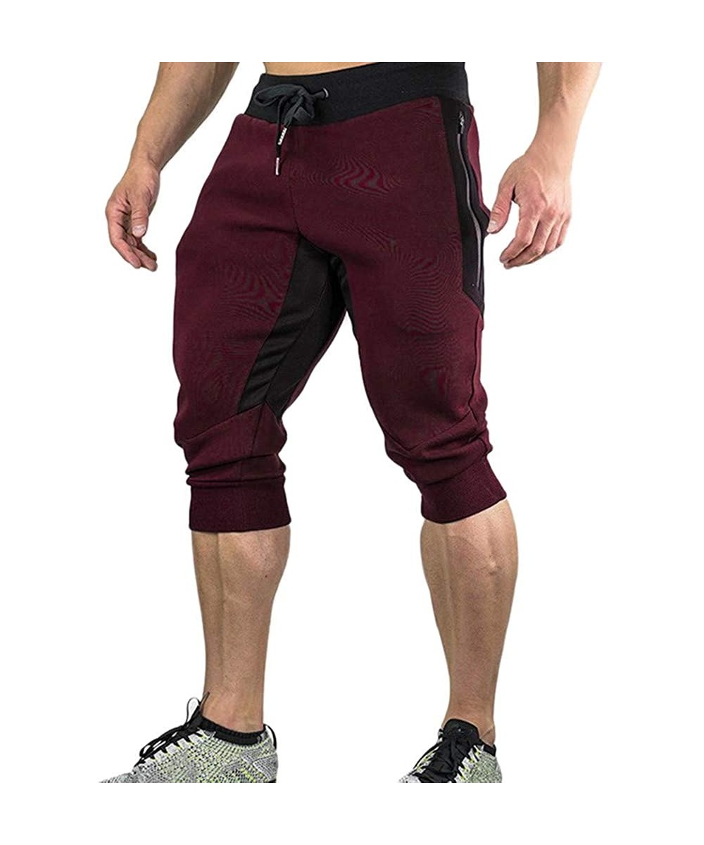 Mens Casual Summer Shorts Joggers Solid Drawstring Zipper 3/4 Pants Trouser - Wine - CV18S4Z09NL $28.74-Board Shorts