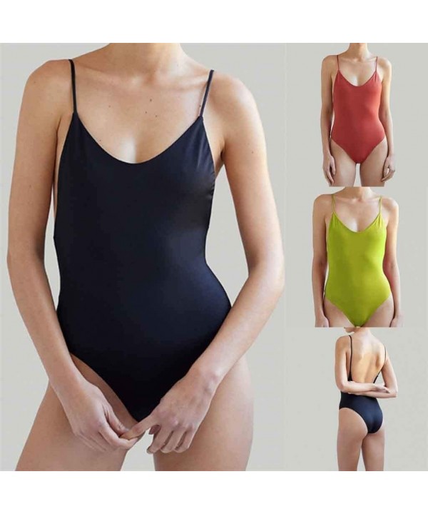 Women Bikini Solid Color Backless One Piece Sling Swimsuit Sexy Push Up Bathing Beachwear Swimwear - Black - CJ19684WES6 $15....