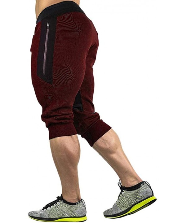 Mens Casual Summer Shorts Joggers Solid Drawstring Zipper 3/4 Pants Trouser - Wine - CV18S4Z09NL $28.74-Board Shorts