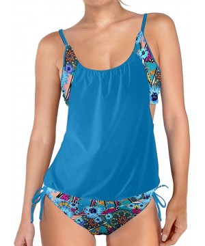 Womens Sexy Two Piece Patchwork Flowers Colorful Pattern Swimsuit Tankini Set- XS-3XL - Aqua - CL18UIX9M25 $31.17-Tankinis