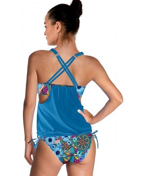 Womens Sexy Two Piece Patchwork Flowers Colorful Pattern Swimsuit Tankini Set- XS-3XL - Aqua - CL18UIX9M25 $31.17-Tankinis