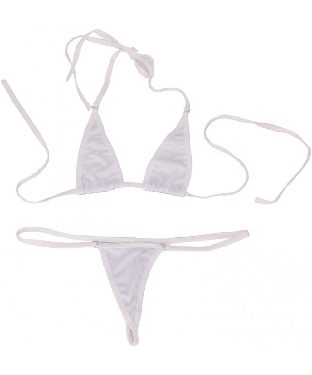 Women's Sheer Extreme Bikini Halterneck Top and Tie Sides Micro Thong Sets - White - CK18EO80LN6 $9.84-Cover-Ups