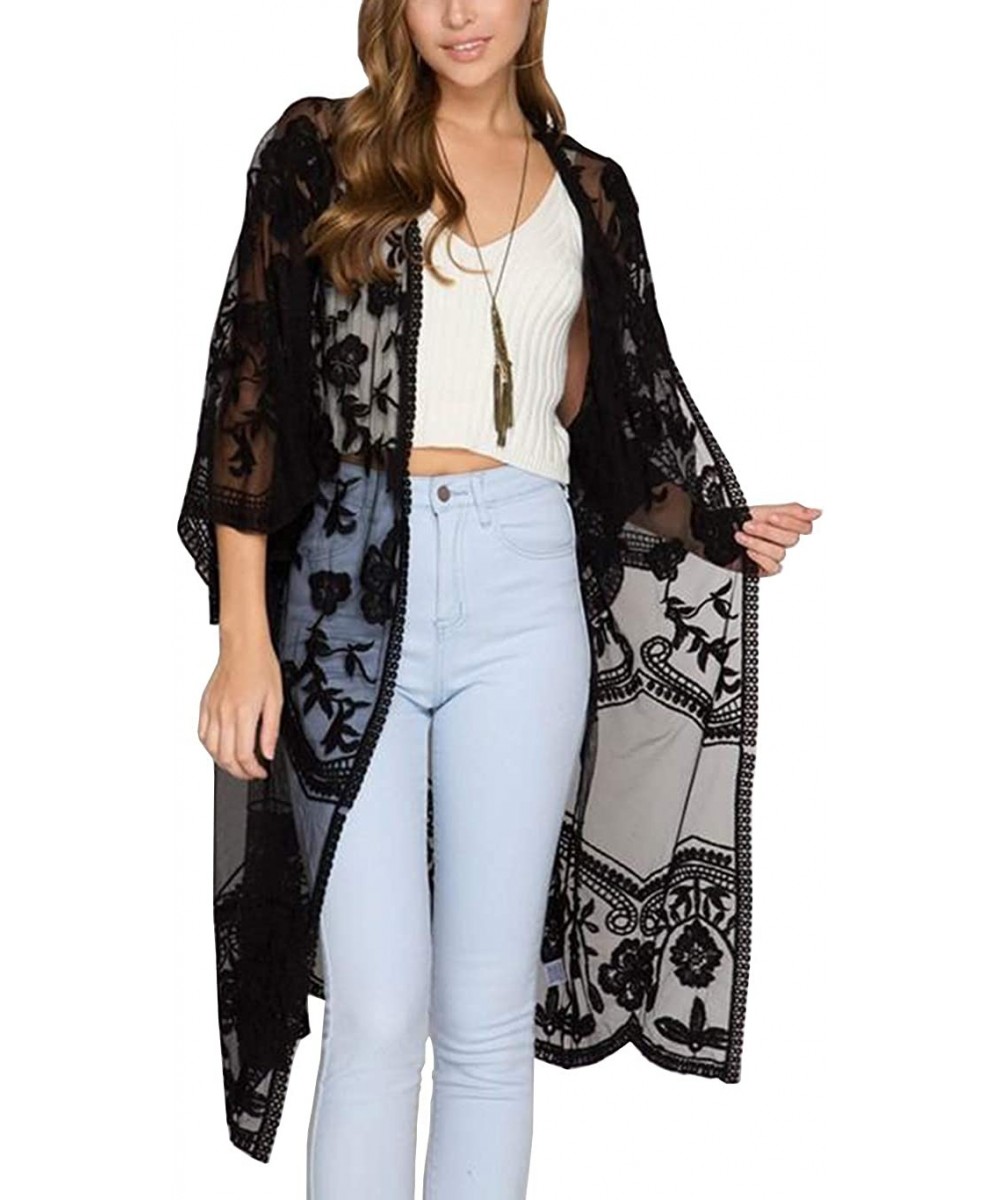 Women's Flowy Bathing Suit Kimono Cardigan Lace Crochet Swimwear Floral Cover Ups - E1-black - CE18SQ0NC5M $24.27-Cover-Ups