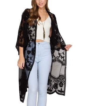 Women's Flowy Bathing Suit Kimono Cardigan Lace Crochet Swimwear Floral Cover Ups - E1-black - CE18SQ0NC5M $24.27-Cover-Ups