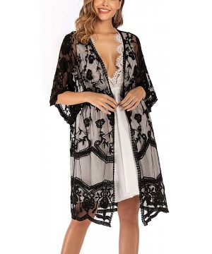 Women's Flowy Bathing Suit Kimono Cardigan Lace Crochet Swimwear Floral Cover Ups - E1-black - CE18SQ0NC5M $24.27-Cover-Ups