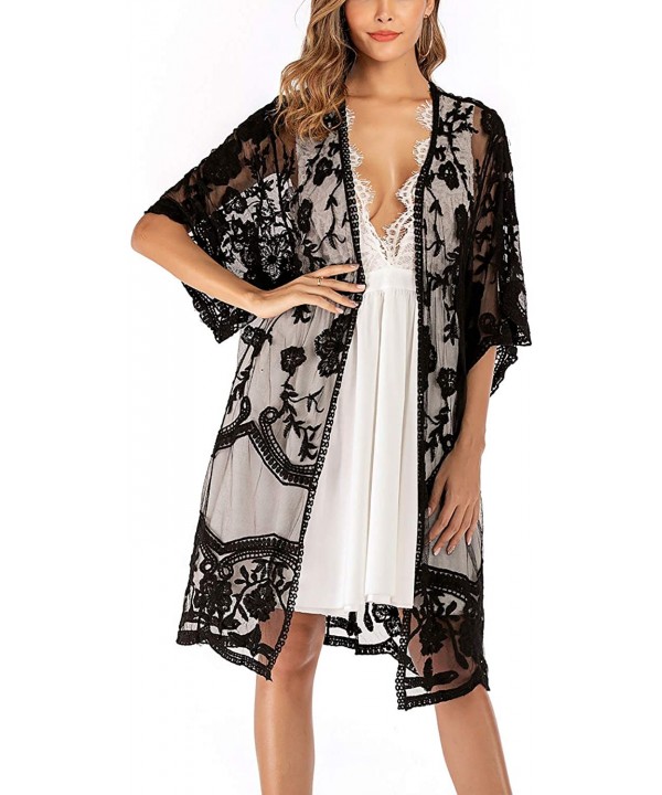 Women's Flowy Bathing Suit Kimono Cardigan Lace Crochet Swimwear Floral Cover Ups - E1-black - CE18SQ0NC5M $24.27-Cover-Ups